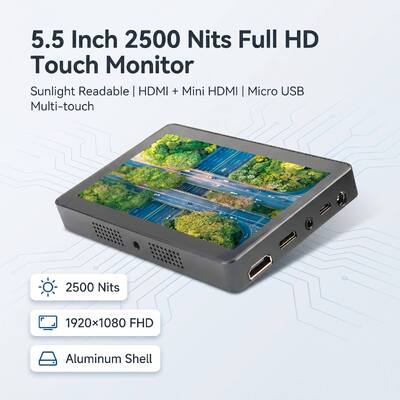 Купить 5.5 дюйм 2500 нитсов Full HD сенсорный монитор 1920×1080 HDMI Mini HDMI Micro USB Алюминиевая оболочка Солнечный свет Читаемый дисплей Производство в сети
